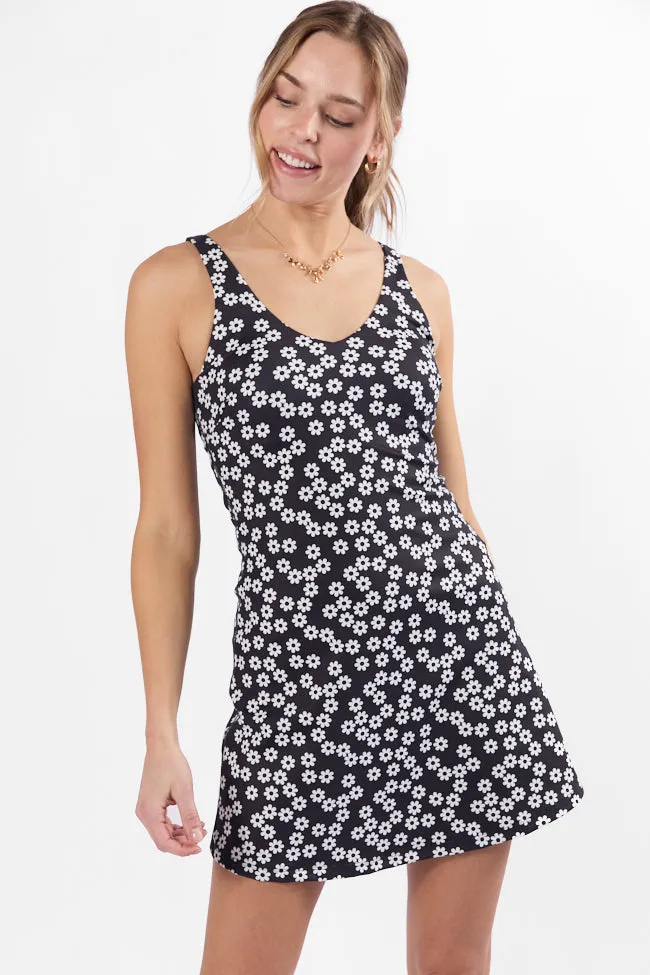 Active Vibe Daisies V-Neck Active Dress With Pull Down Shorts,Daily Outfit