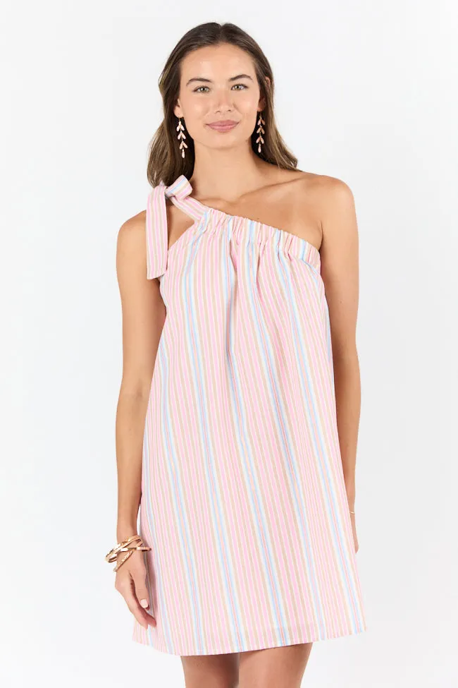 All Day Long Multi Striped One Shoulder Mini Dress,Daily Outfit