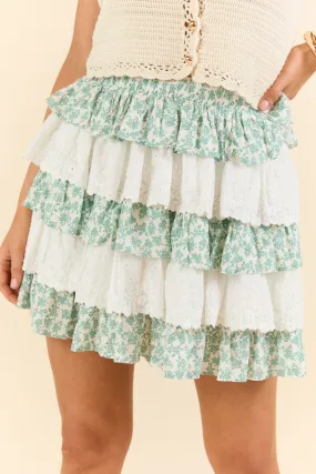 Best Memory Sage and Ivory Floral Tiered Ruffle Skort,Women Skirts Comfort