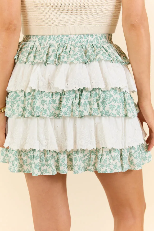 Best Memory Sage and Ivory Floral Tiered Ruffle Skort,Women Skirts Comfort