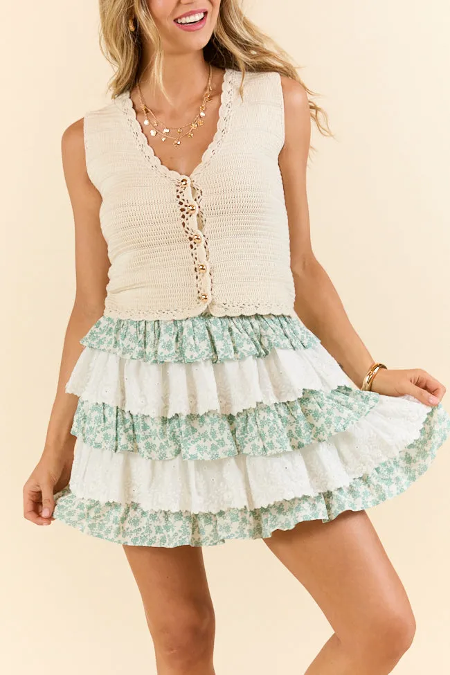 Best Memory Sage and Ivory Floral Tiered Ruffle Skort,Women Skirts Comfort