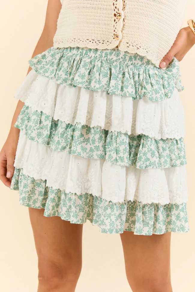 Best Memory Sage and Ivory Floral Tiered Ruffle Skort,Women Skirts Comfort