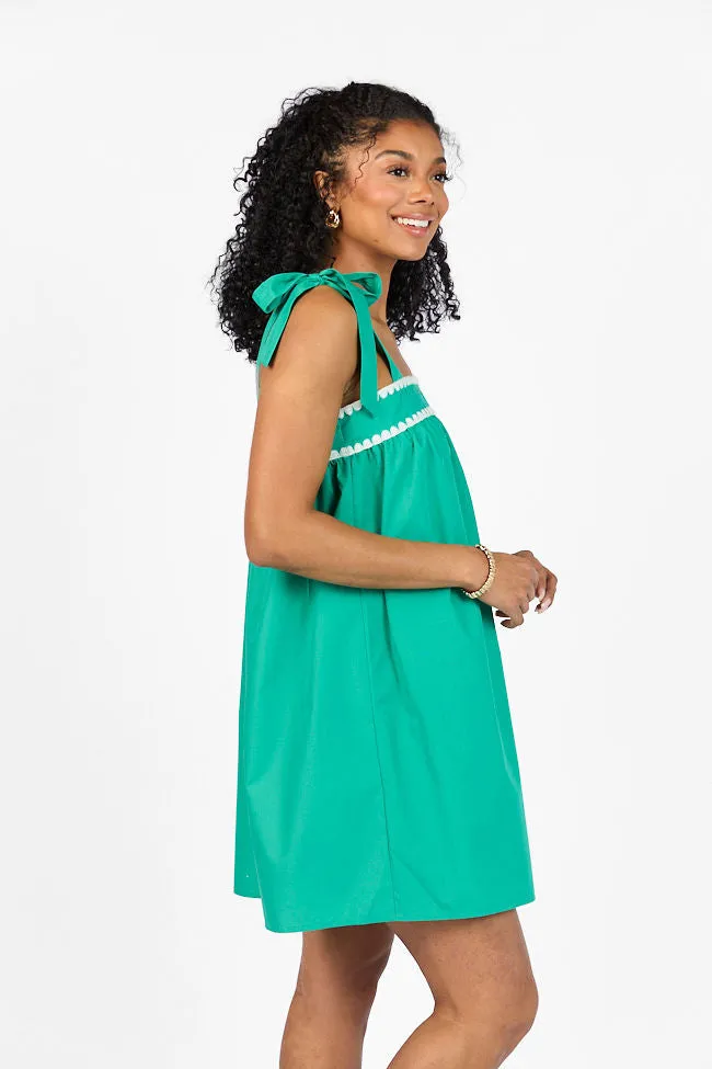 Better This Way Green Tie Shoulder Stitched Trim Mini Dress,Daily Outfit
