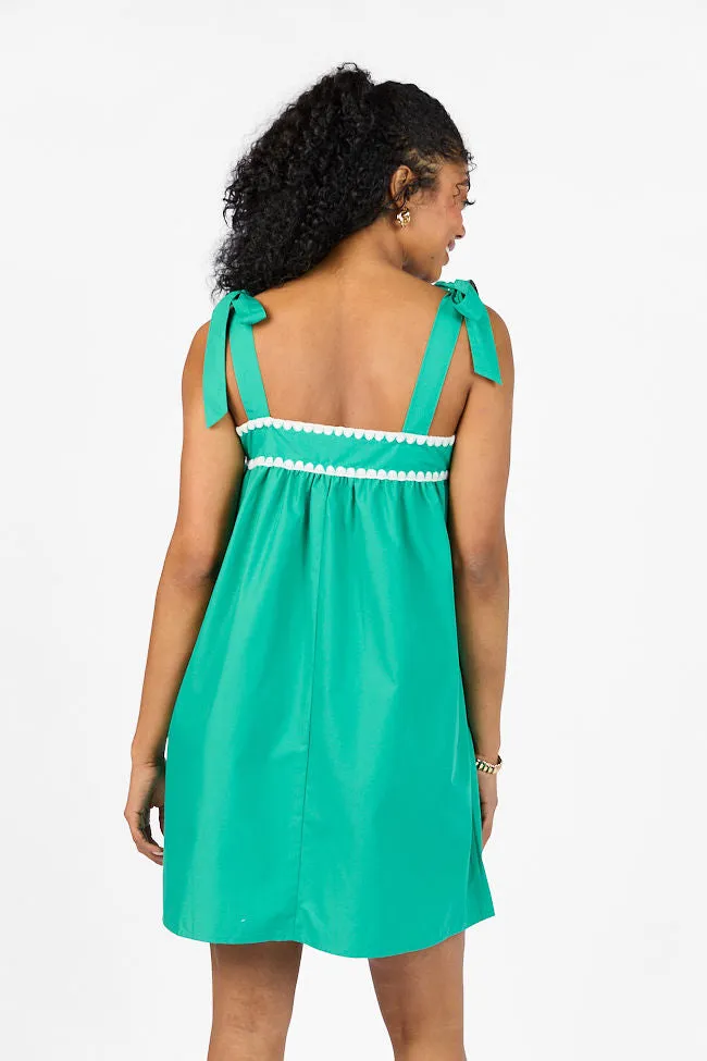 Better This Way Green Tie Shoulder Stitched Trim Mini Dress,Daily Outfit