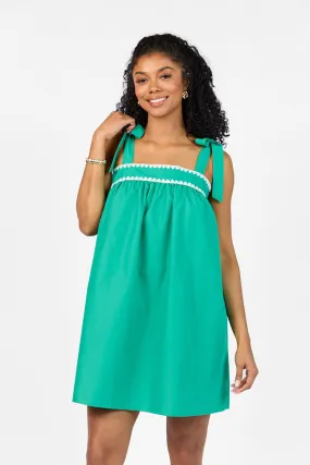 Better This Way Green Tie Shoulder Stitched Trim Mini Dress,Daily Outfit