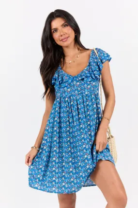 Blooming Blues Floral Mini Dress,Daily Outfit