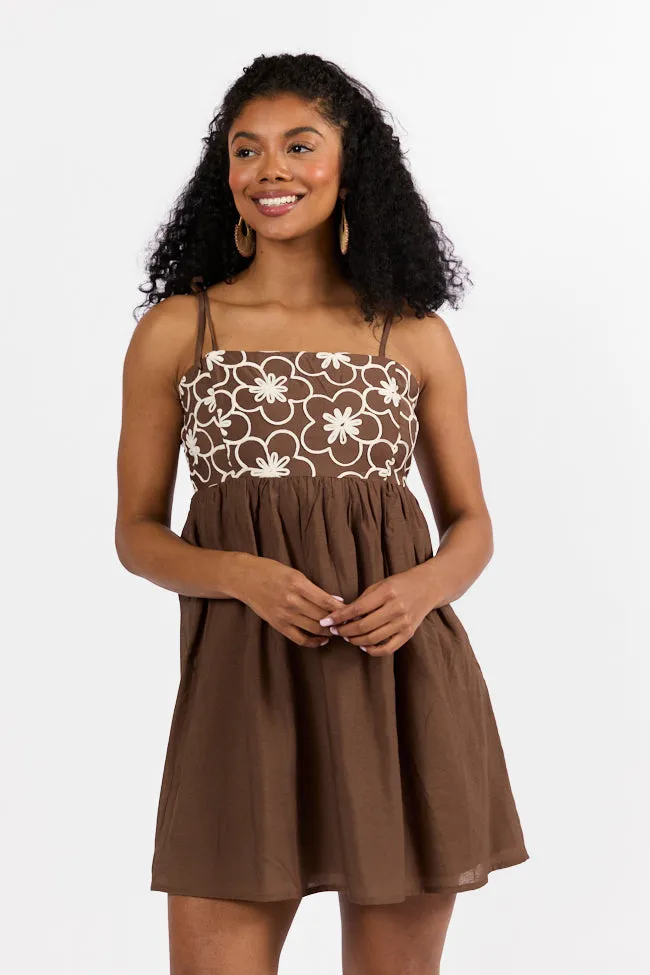Blooming Confidence Brown Embroidered Floral Dress,Daily Outfit