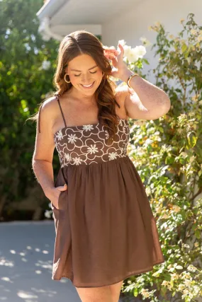 Blooming Confidence Brown Embroidered Floral Dress,Daily Outfit