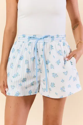 Blooming Lines Stripes & Floral Mixed Cotton Poplin Shorts,Women Pants