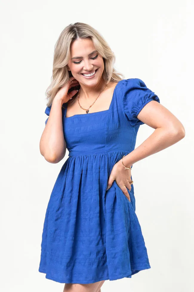 Breezing By Cobalt Textured Square Neck Mini Dress,Daily Outfit