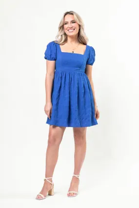Breezing By Cobalt Textured Square Neck Mini Dress,Daily Outfit