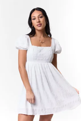Breezing By Ivory Textured Square Neck Mini Dress,Daily Outfit