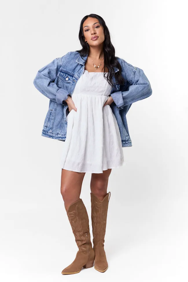 Breezing By Ivory Textured Square Neck Mini Dress,Daily Outfit