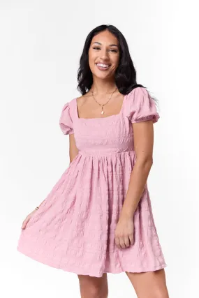 Breezing By Pink Textured Square Neck Mini Dress,Daily Outfit
