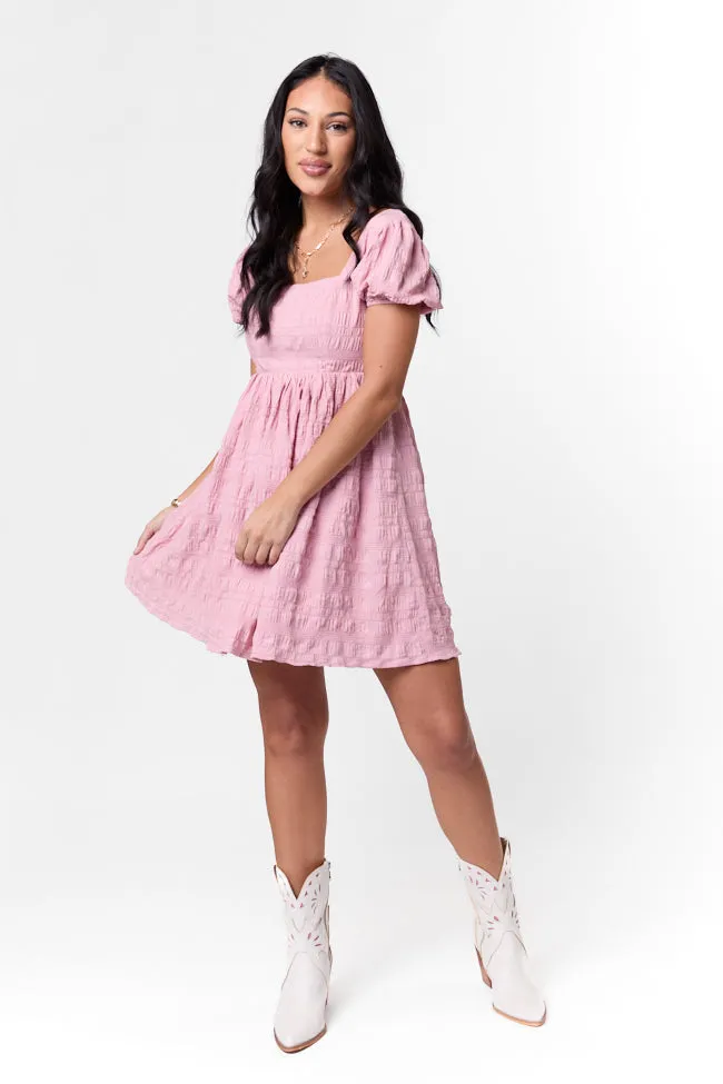 Breezing By Pink Textured Square Neck Mini Dress,Daily Outfit