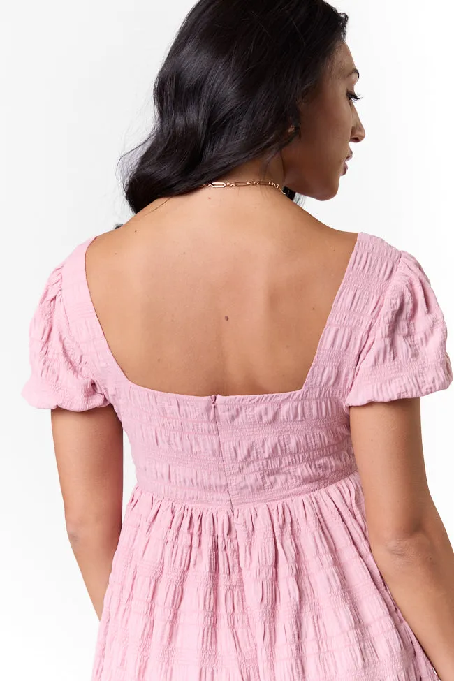 Breezing By Pink Textured Square Neck Mini Dress,Daily Outfit