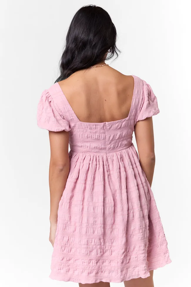 Breezing By Pink Textured Square Neck Mini Dress,Daily Outfit