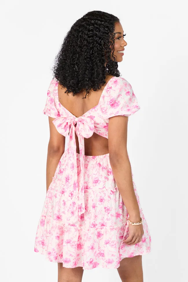 Calling Perfection Pink Floral Dress With Back Bow Detail,Daily Outfit