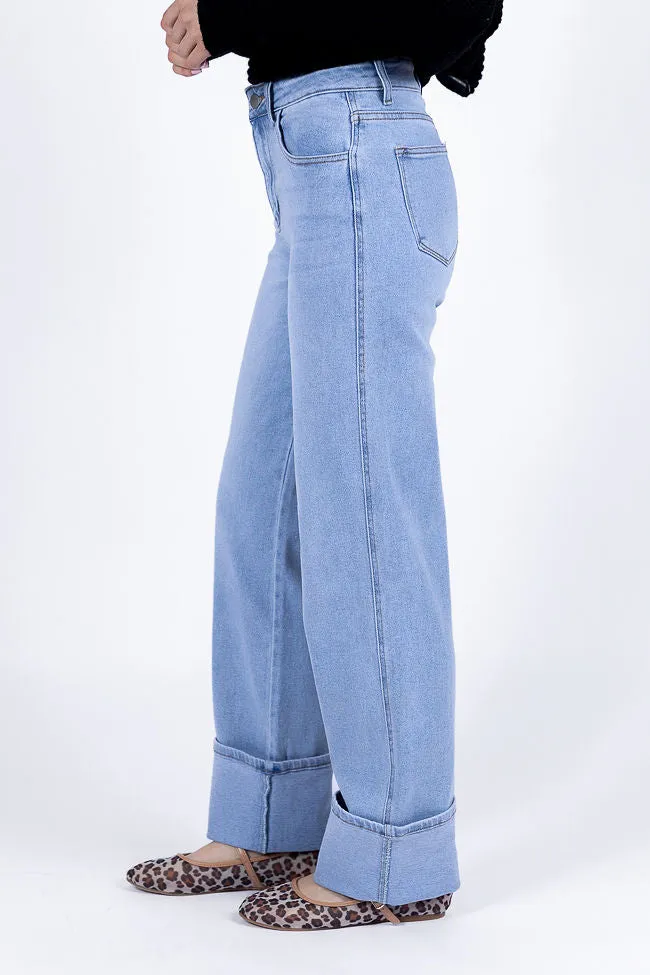 Camila Light Wash Wide Leg Cuffed Jeans,Women Pants