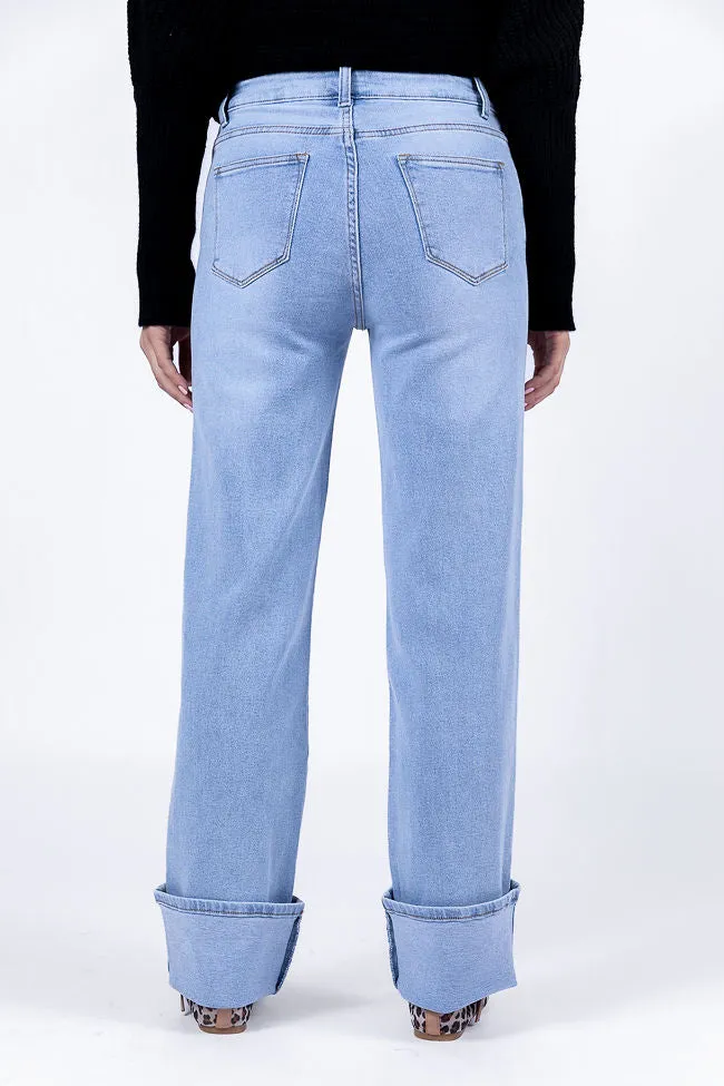 Camila Light Wash Wide Leg Cuffed Jeans,Women Pants