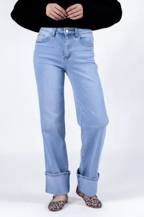 Camila Light Wash Wide Leg Cuffed Jeans,Women Pants