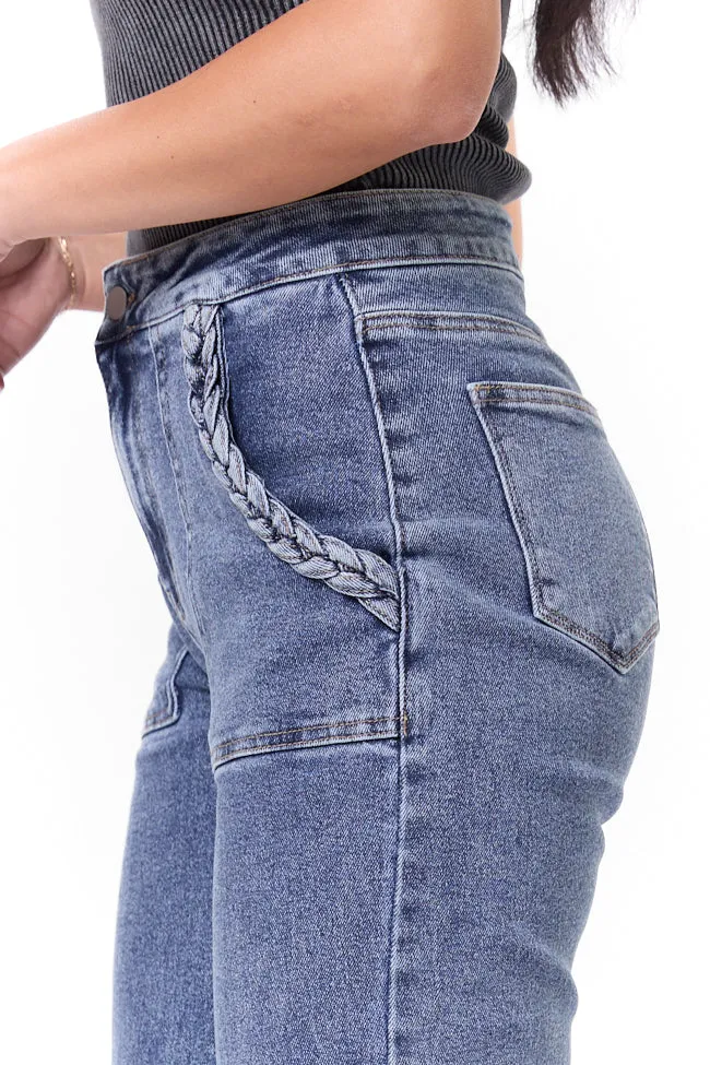 Carolyn Medium Wash Braided Pocket Wide Leg Jeans,Women Pants