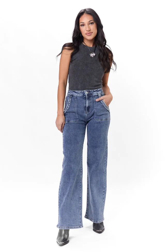 Carolyn Medium Wash Braided Pocket Wide Leg Jeans,Women Pants