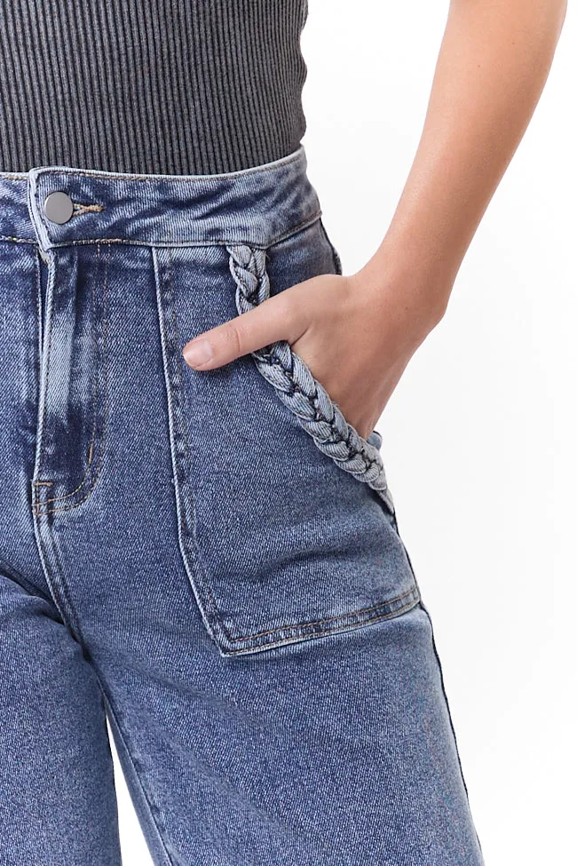 Carolyn Medium Wash Braided Pocket Wide Leg Jeans,Women Pants