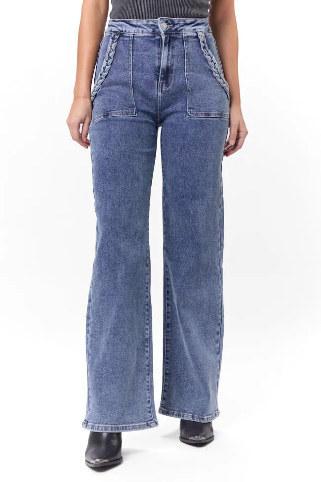 Carolyn Medium Wash Braided Pocket Wide Leg Jeans,Women Pants