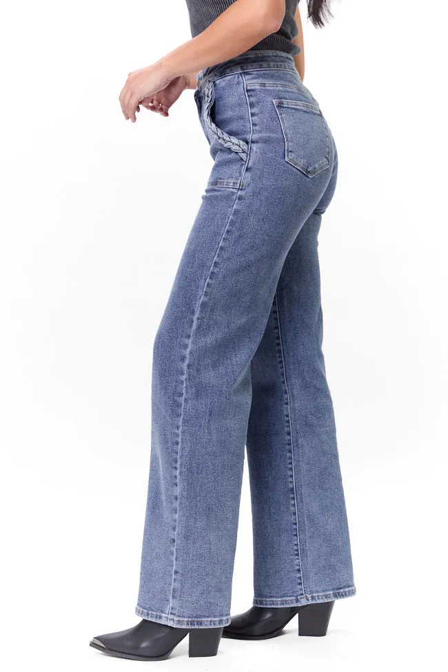 Carolyn Medium Wash Braided Pocket Wide Leg Jeans,Women Pants