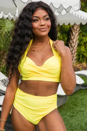 Castaway With Me Yellow Halter Neck Solid Bikini Top SALE,Swimwear
