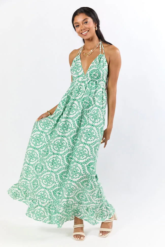 Charleston Charm Green and Ivory Printed Maxi Dress,Daily Outfit