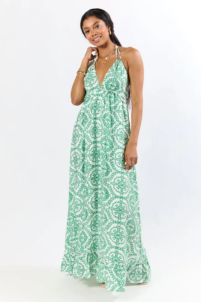 Charleston Charm Green and Ivory Printed Maxi Dress,Daily Outfit