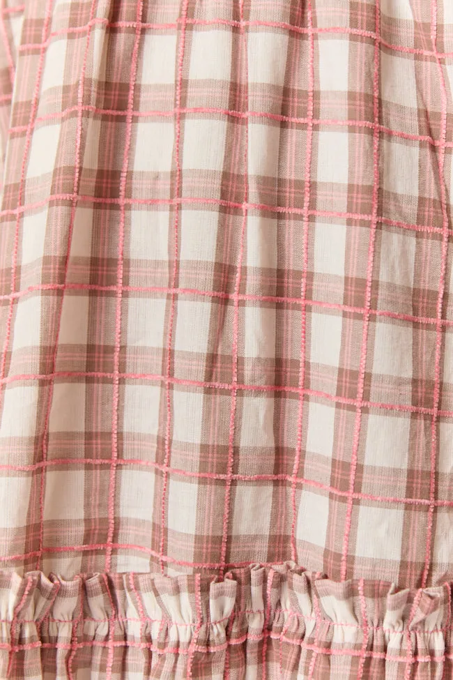 Checked Treasures Pink and Brown Plaid Tiered Midi Dress,Daily Outfit