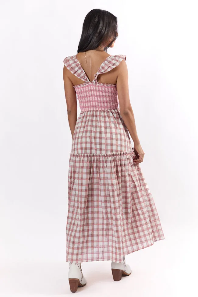 Checked Treasures Pink and Brown Plaid Tiered Midi Dress,Daily Outfit