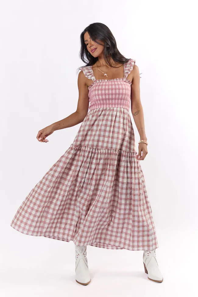 Checked Treasures Pink and Brown Plaid Tiered Midi Dress,Daily Outfit