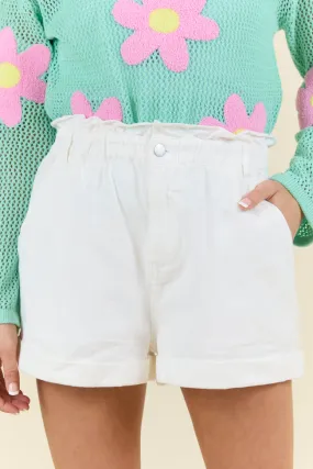 Chill Days Off White Ruffle Waist Denim Shorts,Women Shorts