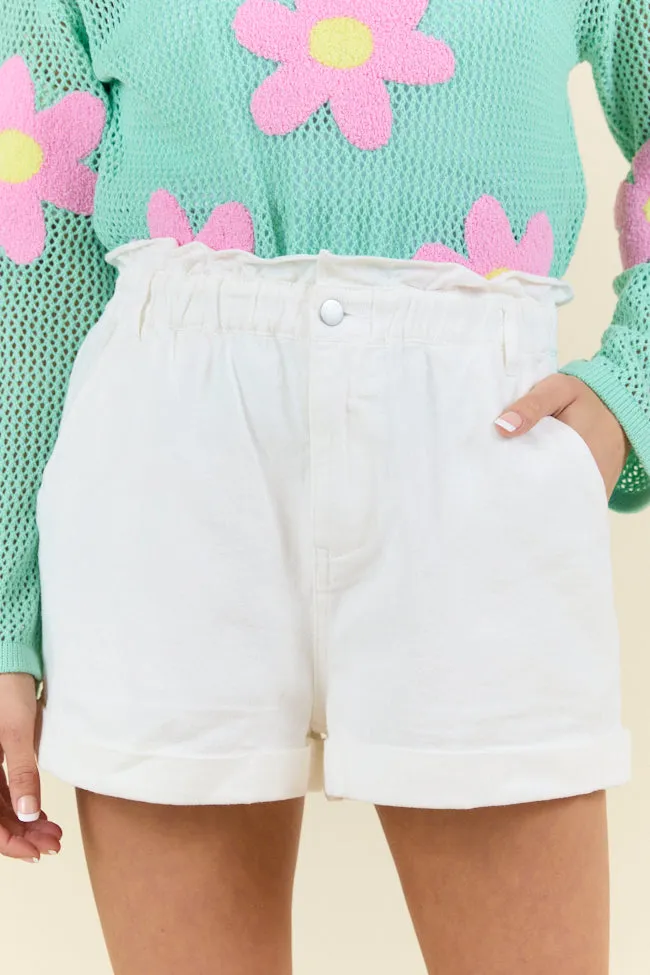 Chill Days Off White Ruffle Waist Denim Shorts,Women Shorts