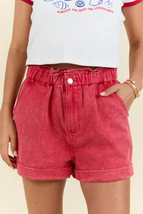 Chill Days Red Ruffle Waist Denim Shorts,Women Shorts