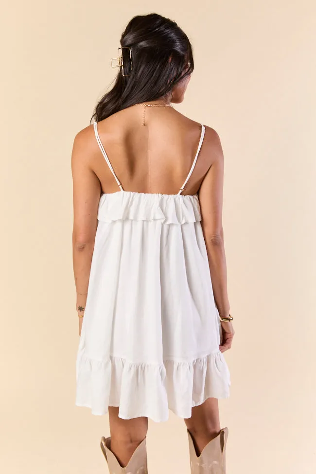 Clean Slate Ruffle Trim White Dress SALE,Daily Outfit