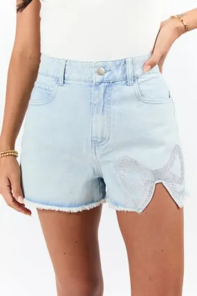 Dainty Dreams Light Wash Embellished Bow Denim Shorts,Women Shorts