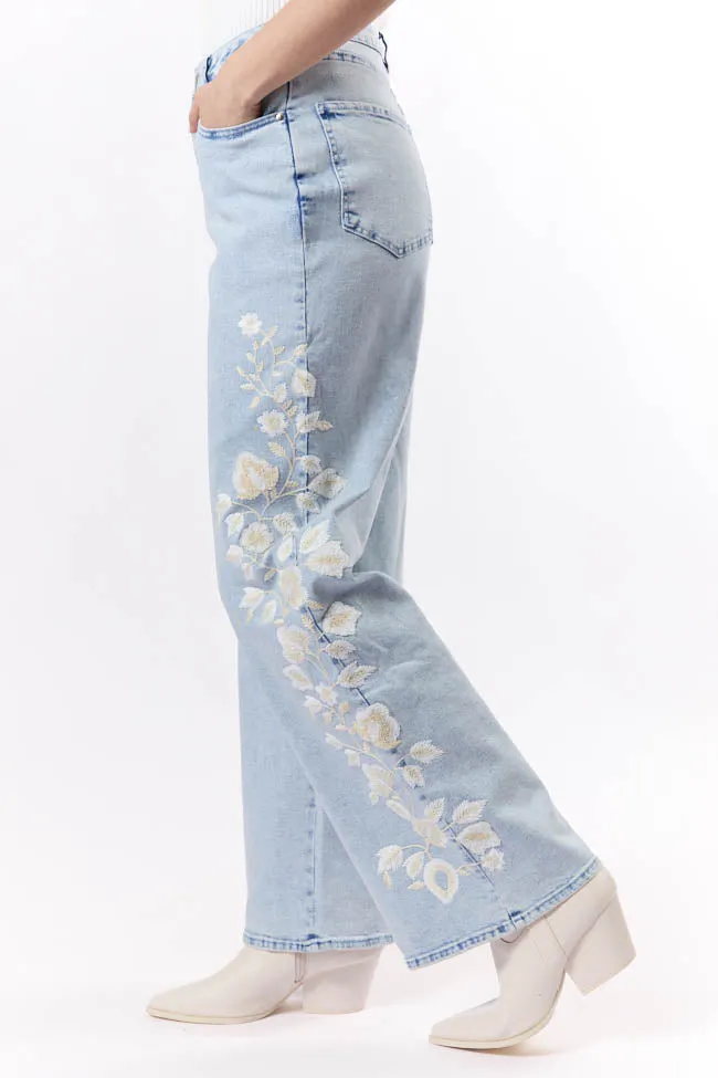 Daisy Light Wash Floral Embroidered Wide Leg Jeans,Women Pants