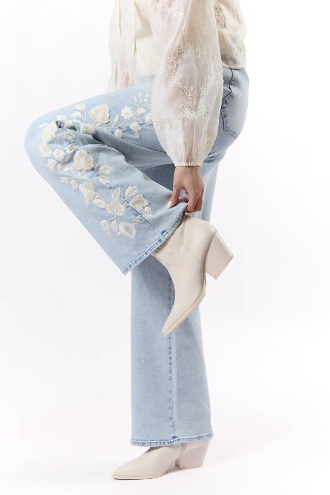 Daisy Light Wash Floral Embroidered Wide Leg Jeans,Women Pants