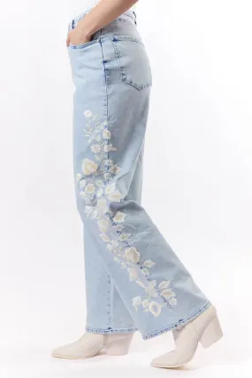 Daisy Light Wash Floral Embroidered Wide Leg Jeans,Women Pants