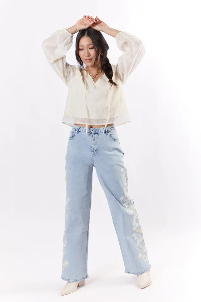 Daisy Light Wash Floral Embroidered Wide Leg Jeans,Women Pants