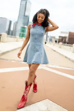 Dancin' In The Country Denim High Neck Mini Dress,Daily Outfit