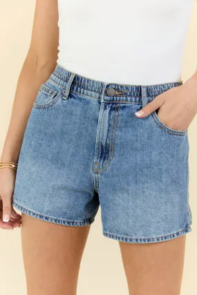 Debbie Medium Wash Elastic Waist Mom Shorts,Women Shorts