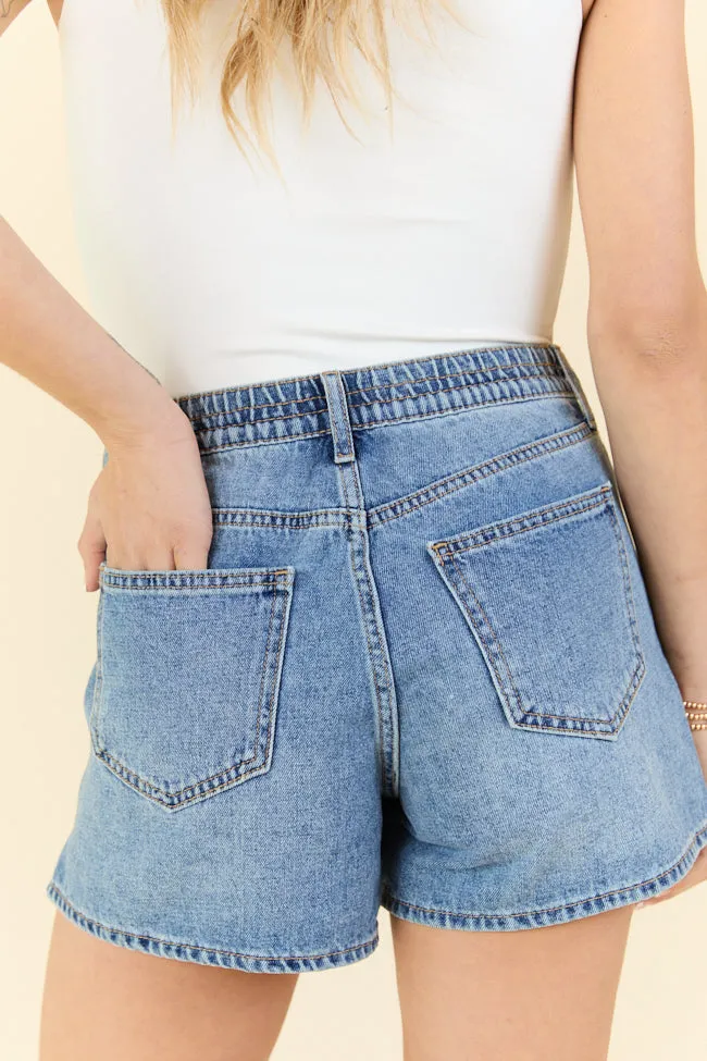 Debbie Medium Wash Elastic Waist Mom Shorts,Women Shorts