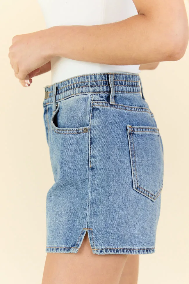 Debbie Medium Wash Elastic Waist Mom Shorts,Women Shorts