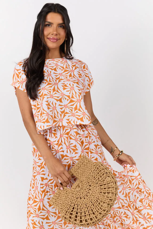 Dinner Downtown Orange Multi Floral Print Two Piece Skirt Set,Women Skirts Comfort